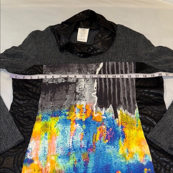 Zoe Sweater Yellow Blue Gray Black Art Wear Cowl Neck Long Women’s Sz L - Picture 6 of 9